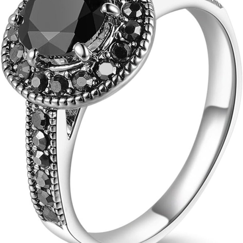 Vintage Wide Ring Classic Black Marcasite Crystal Rows Statement Silver Chunky R